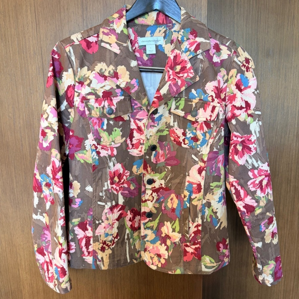 Christopher & Banks Womens S Floral Jacket Brown Pink Cotton Spring Cottage